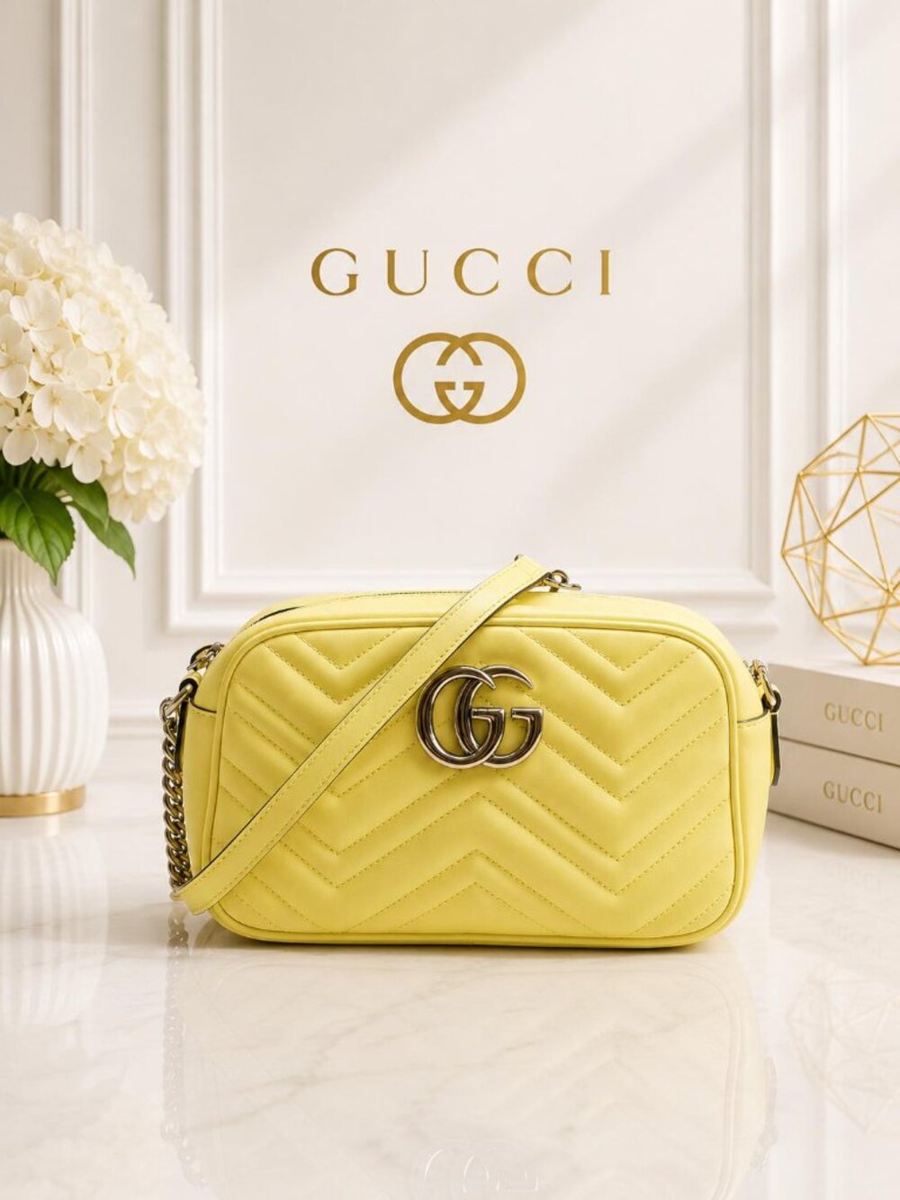 Authentic Gucci GG Marmont Yellow Matelasse Leather Camera Crossbody Bag